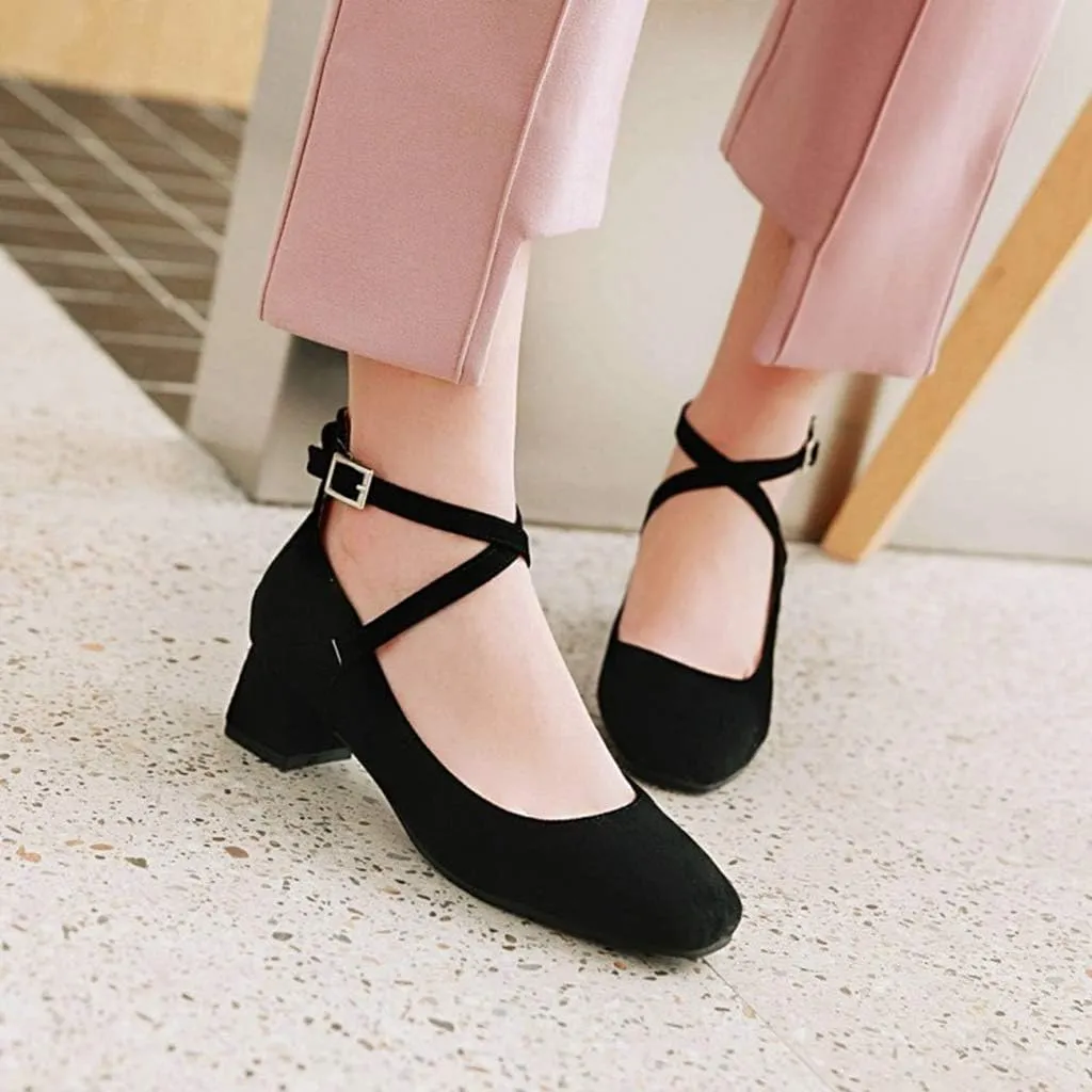MIOKE Women's Square Toe Chunky Mid Block Heel Pumps Suede Cross Strap Comfort Mary Jane Elegant Dress Shoes