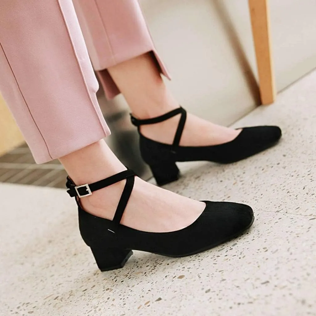 MIOKE Women's Square Toe Chunky Mid Block Heel Pumps Suede Cross Strap Comfort Mary Jane Elegant Dress Shoes