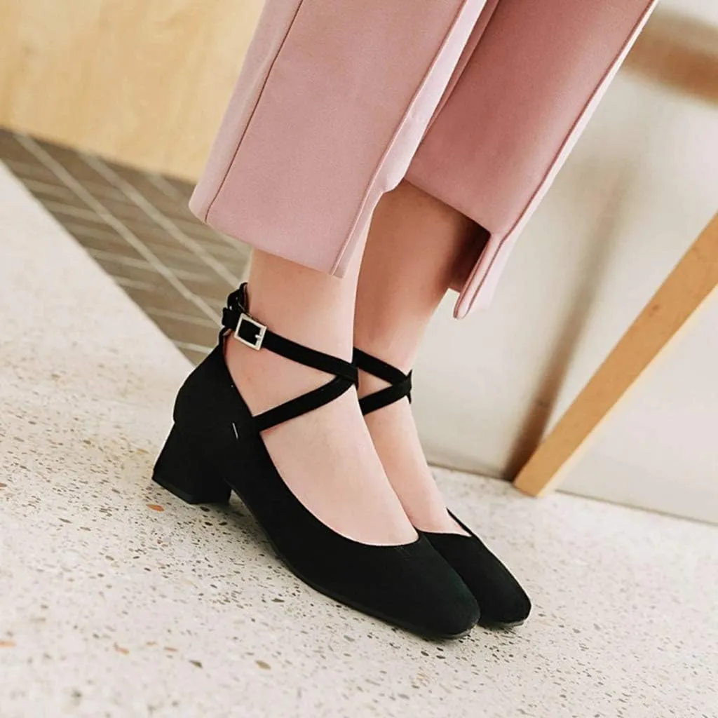 MIOKE Women's Square Toe Chunky Mid Block Heel Pumps Suede Cross Strap Comfort Mary Jane Elegant Dress Shoes