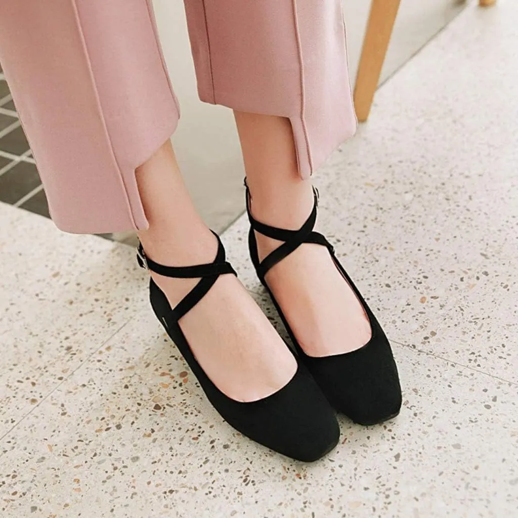 MIOKE Women's Square Toe Chunky Mid Block Heel Pumps Suede Cross Strap Comfort Mary Jane Elegant Dress Shoes