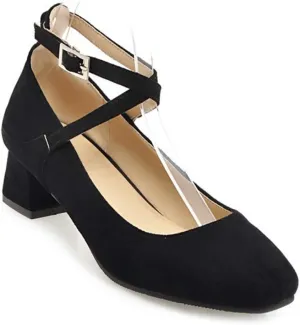 MIOKE Women's Square Toe Chunky Mid Block Heel Pumps Suede Cross Strap Comfort Mary Jane Elegant Dress Shoes