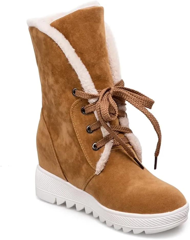 MIOKE Women's Suede Wedge Dressy Ankle Boots Round Toe Lace Up Platform Chunky High Heel Winter Short Bootie