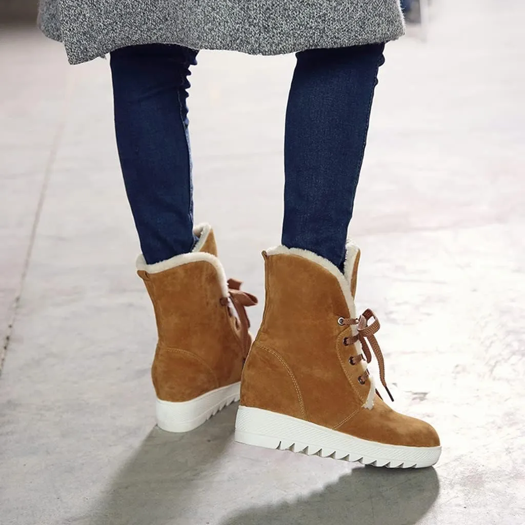 MIOKE Women's Suede Wedge Dressy Ankle Boots Round Toe Lace Up Platform Chunky High Heel Winter Short Bootie