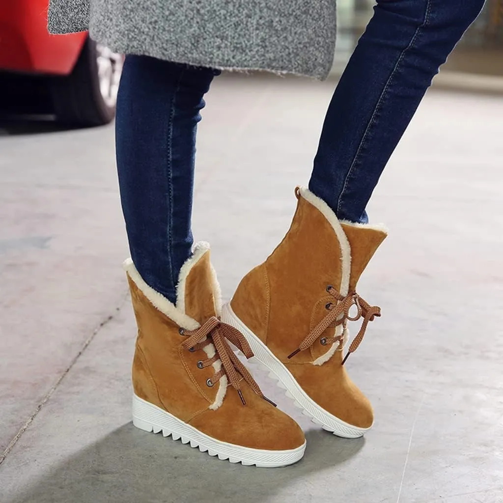 MIOKE Women's Suede Wedge Dressy Ankle Boots Round Toe Lace Up Platform Chunky High Heel Winter Short Bootie