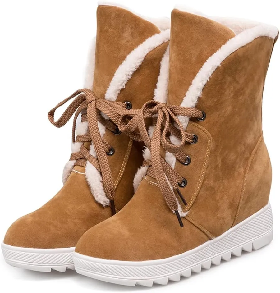 MIOKE Women's Suede Wedge Dressy Ankle Boots Round Toe Lace Up Platform Chunky High Heel Winter Short Bootie