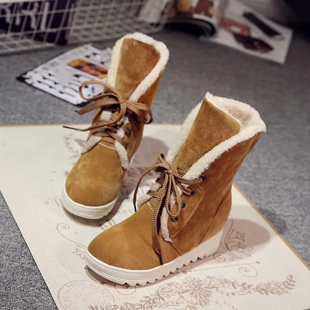 MIOKE Women's Suede Wedge Dressy Ankle Boots Round Toe Lace Up Platform Chunky High Heel Winter Short Bootie