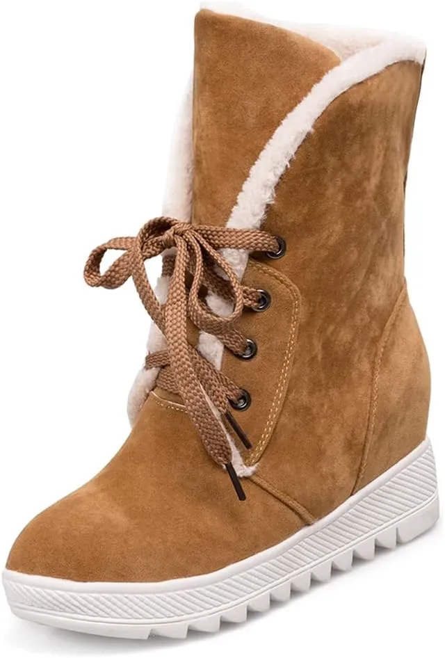 MIOKE Women's Suede Wedge Dressy Ankle Boots Round Toe Lace Up Platform Chunky High Heel Winter Short Bootie