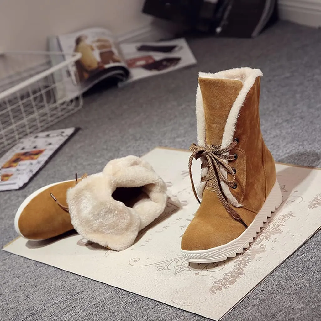 MIOKE Women's Suede Wedge Dressy Ankle Boots Round Toe Lace Up Platform Chunky High Heel Winter Short Bootie
