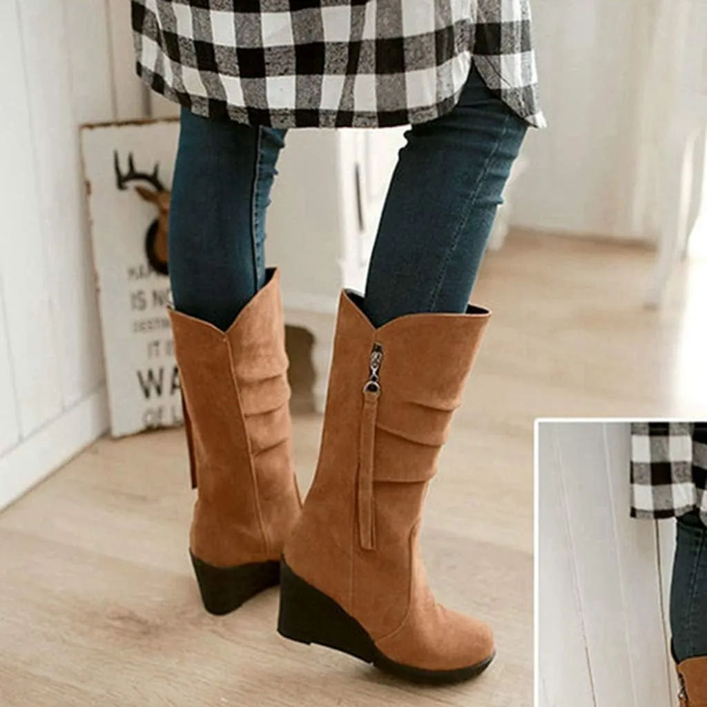 MIOKE Women's Wedge Slouch Mid Calf Boots Suede Round Toe Wide Width Platform High Heel Tassel Dress Boots