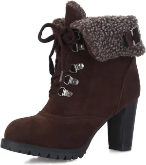 MIOKE Women's Winter Fur Ankle Boots Lace Up Round Toe Cuff Chunky Block High Heel Warm Dressy Short Booties