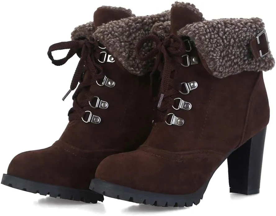 MIOKE Women's Winter Fur Ankle Boots Lace Up Round Toe Cuff Chunky Block High Heel Warm Dressy Short Booties