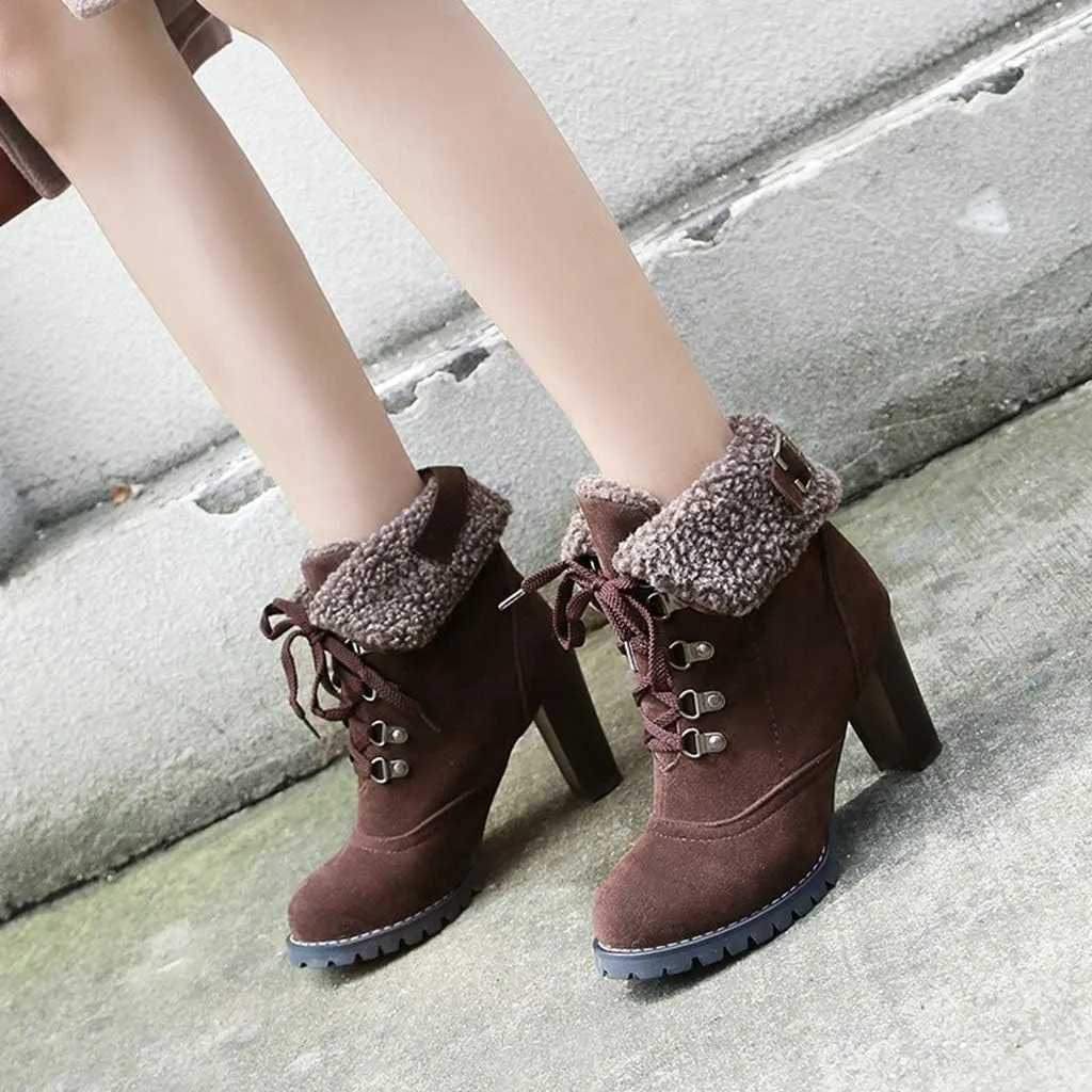 MIOKE Women's Winter Fur Ankle Boots Lace Up Round Toe Cuff Chunky Block High Heel Warm Dressy Short Booties