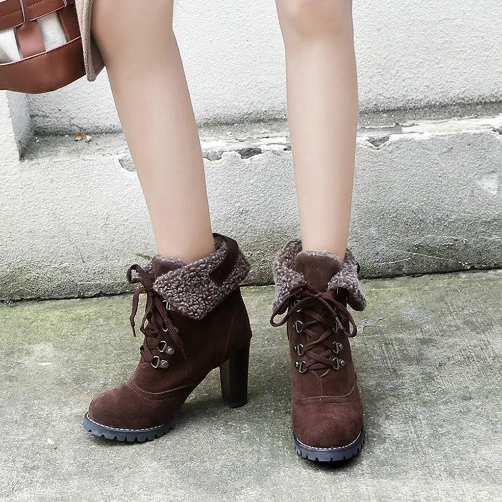 MIOKE Women's Winter Fur Ankle Boots Lace Up Round Toe Cuff Chunky Block High Heel Warm Dressy Short Booties