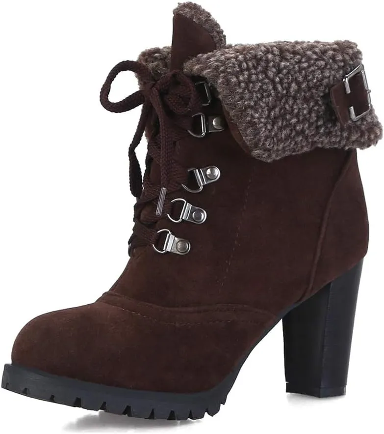 MIOKE Women's Winter Fur Ankle Boots Lace Up Round Toe Cuff Chunky Block High Heel Warm Dressy Short Booties