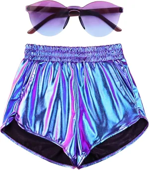 Mirawise Women's Metallic Shorts Summer Yoga Hot Shiny Sparkly Outfit Short Pants with Sunglasses