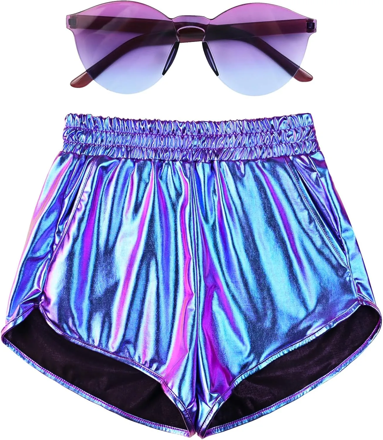 Mirawise Women's Metallic Shorts Summer Yoga Hot Shiny Sparkly Outfit Short Pants with Sunglasses