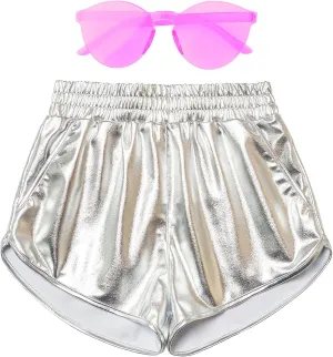 Mirawise Women's Metallic Shorts Summer Yoga Hot Shiny Sparkly Outfit Short Pants with Sunglasses