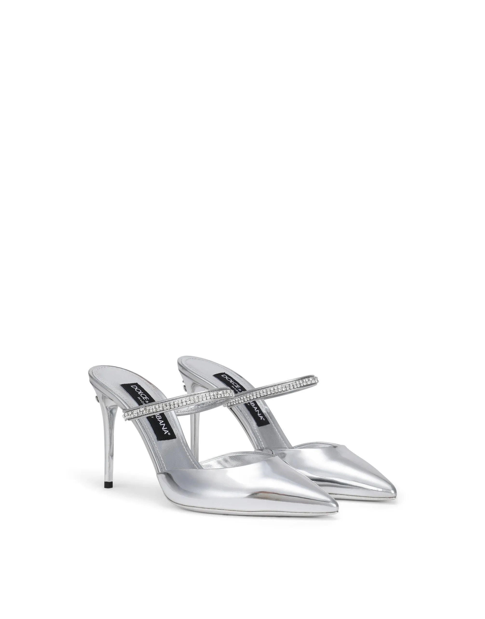 Mirrored-effect calfskin mules with embroidery