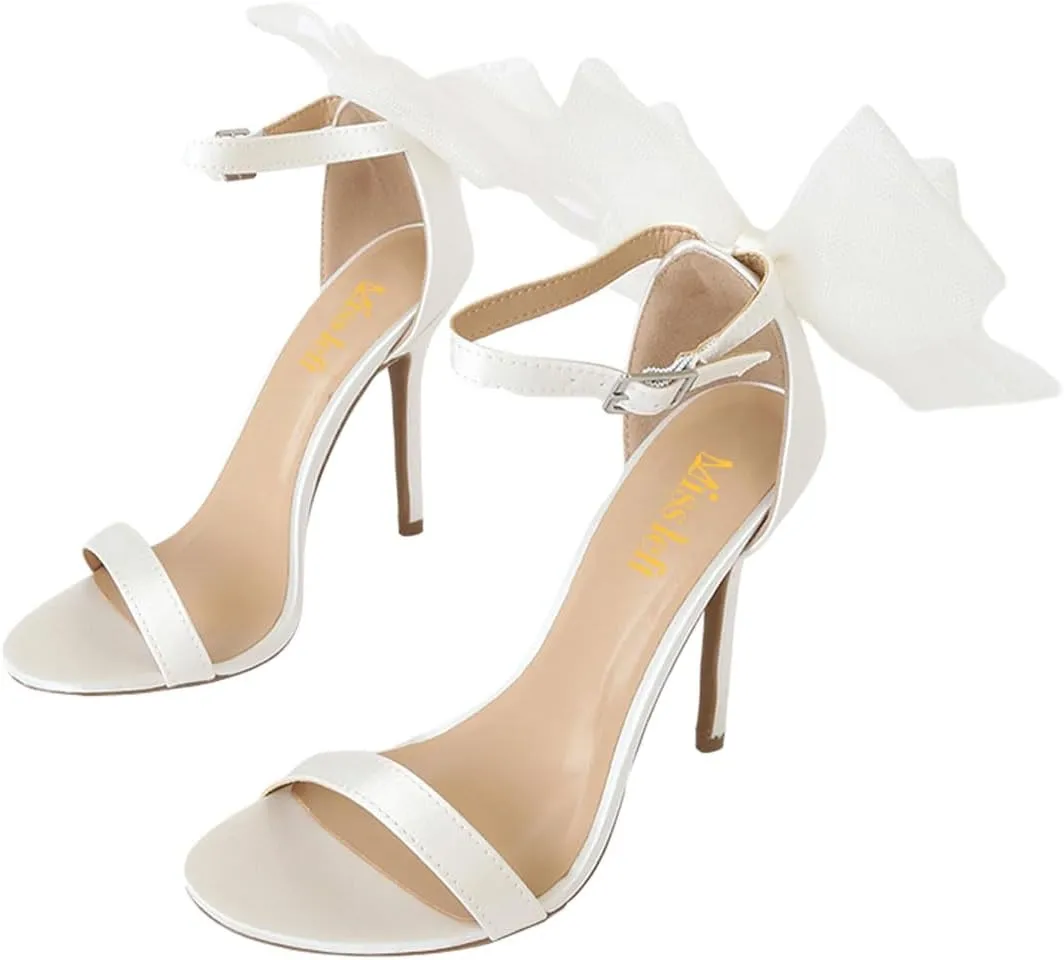 miss left Women Graceful Bows Stiletto Heeled Sandals with Adjustable Ankle Strap Open Almond Toe High Heel Pumps Fashion Wedding Bridal Summer Shoes Size 4-16 US