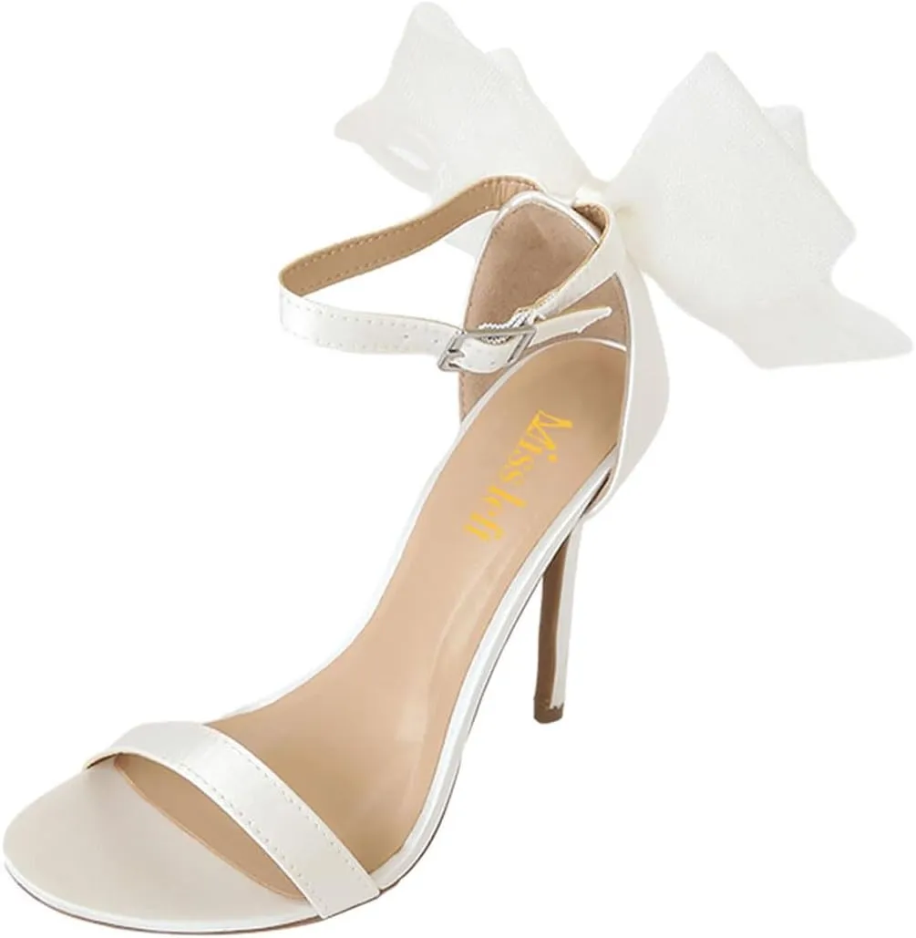 miss left Women Graceful Bows Stiletto Heeled Sandals with Adjustable Ankle Strap Open Almond Toe High Heel Pumps Fashion Wedding Bridal Summer Shoes Size 4-16 US