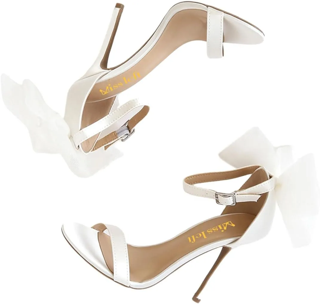 miss left Women Graceful Bows Stiletto Heeled Sandals with Adjustable Ankle Strap Open Almond Toe High Heel Pumps Fashion Wedding Bridal Summer Shoes Size 4-16 US
