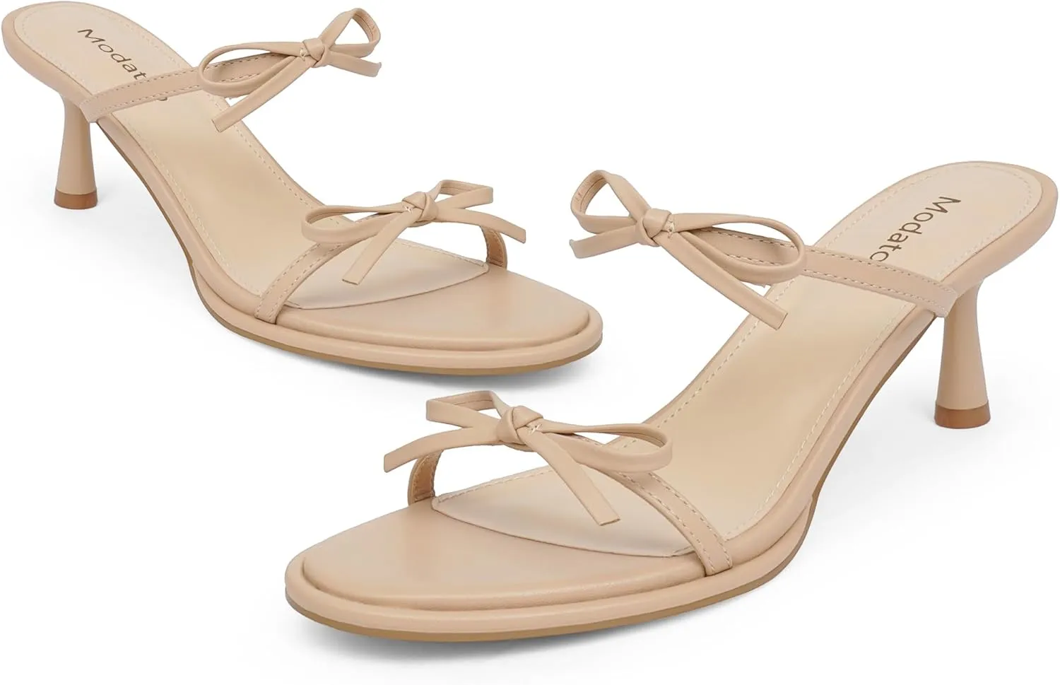 Modatope Two Strap Bow Tie Kitten Heel Sandals for Women Rounded Open Toe Heeled Sandals Women