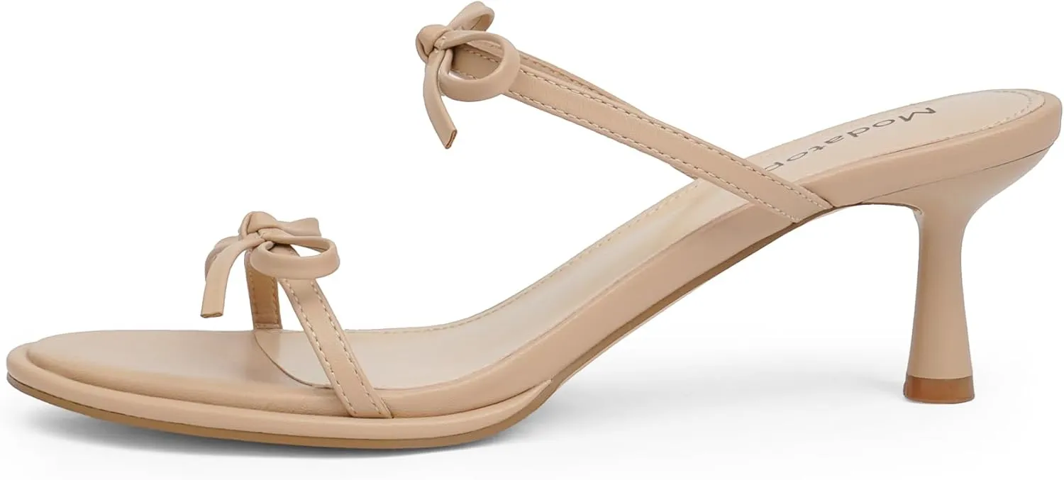 Modatope Two Strap Bow Tie Kitten Heel Sandals for Women Rounded Open Toe Heeled Sandals Women