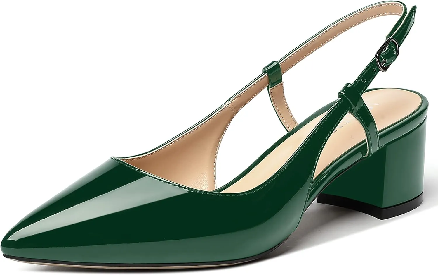 MODENCOCO Women's Cut Out Patent Ankle Strap Pointed Toe Slingback Chunky Low Heel Pumps Office Dress Shoes 2 Inch