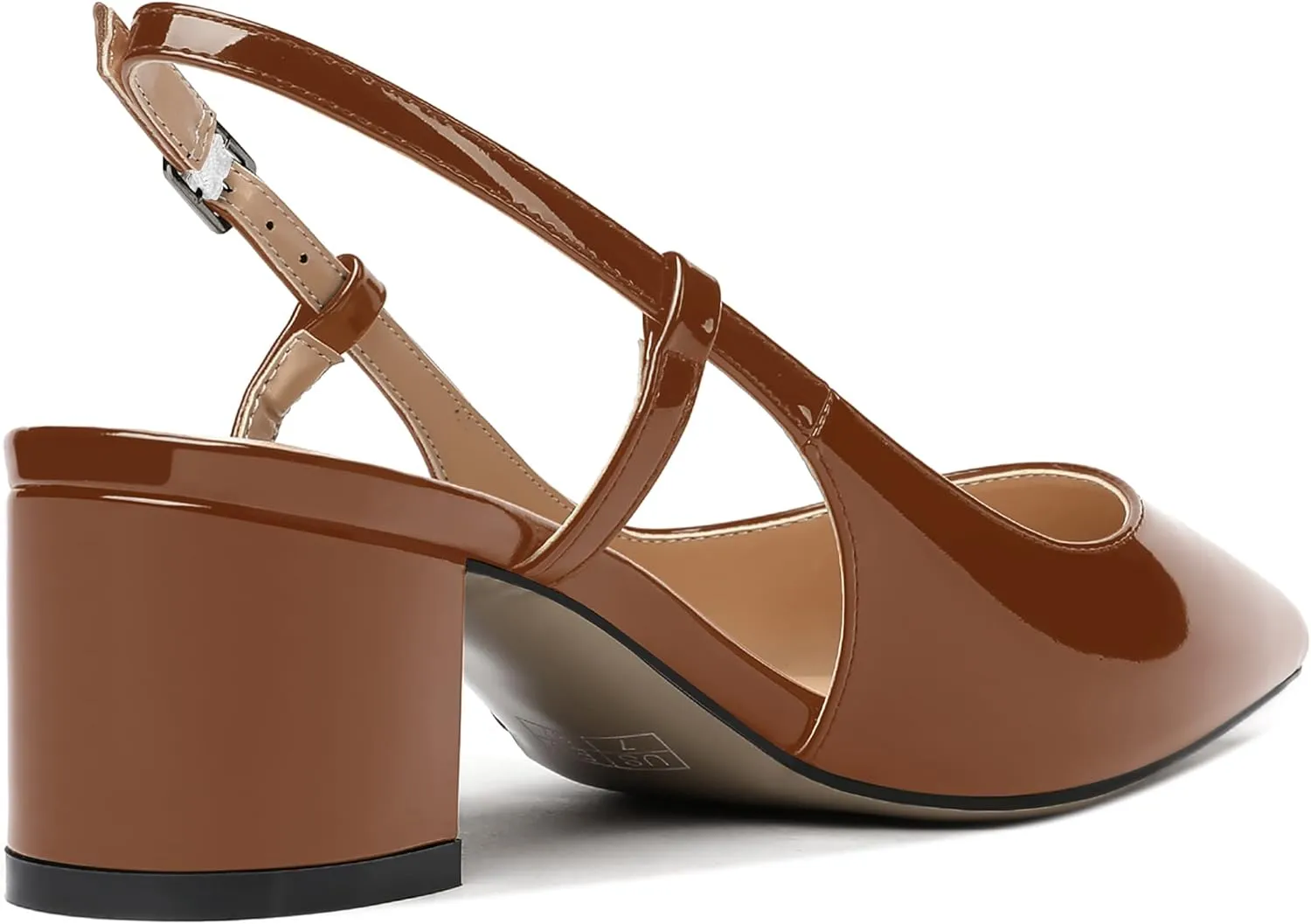MODENCOCO Women's Cut Out Patent Ankle Strap Pointed Toe Slingback Chunky Low Heel Pumps Office Dress Shoes 2 Inch