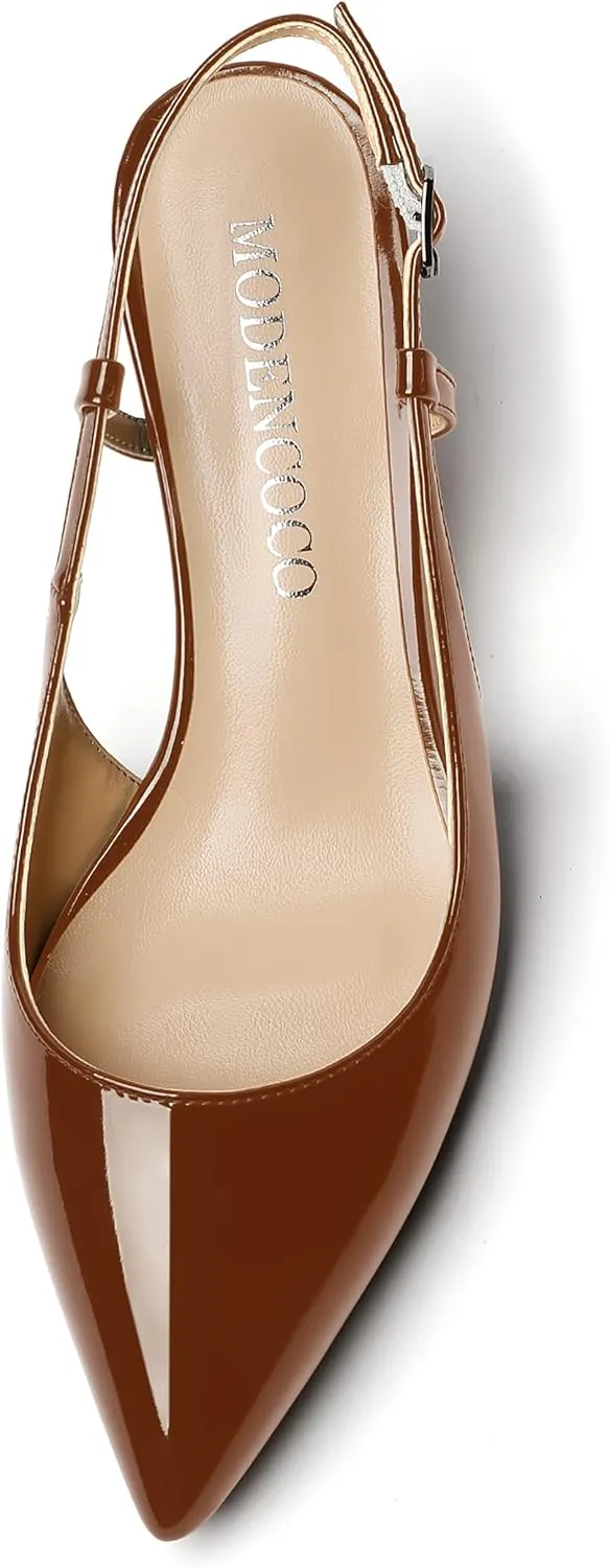 MODENCOCO Women's Cut Out Patent Ankle Strap Pointed Toe Slingback Chunky Low Heel Pumps Office Dress Shoes 2 Inch