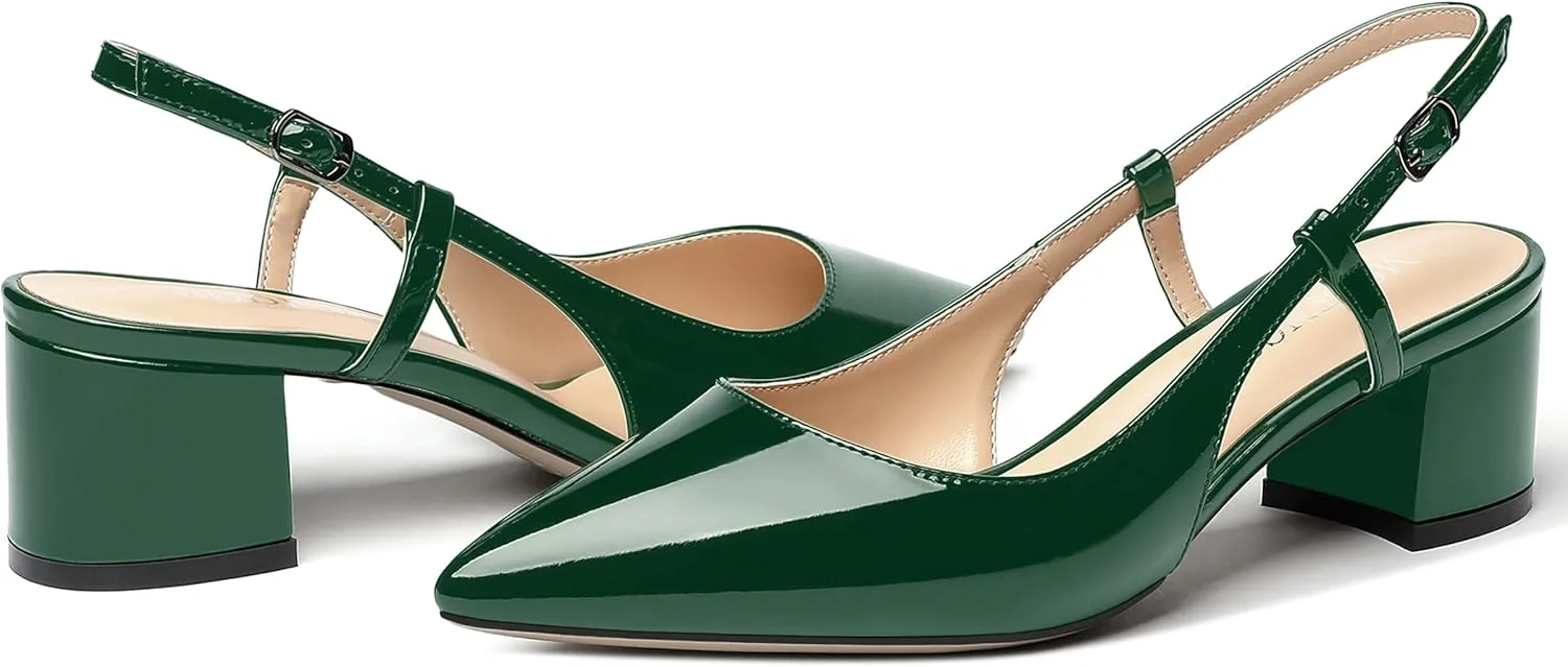MODENCOCO Women's Cut Out Patent Ankle Strap Pointed Toe Slingback Chunky Low Heel Pumps Office Dress Shoes 2 Inch
