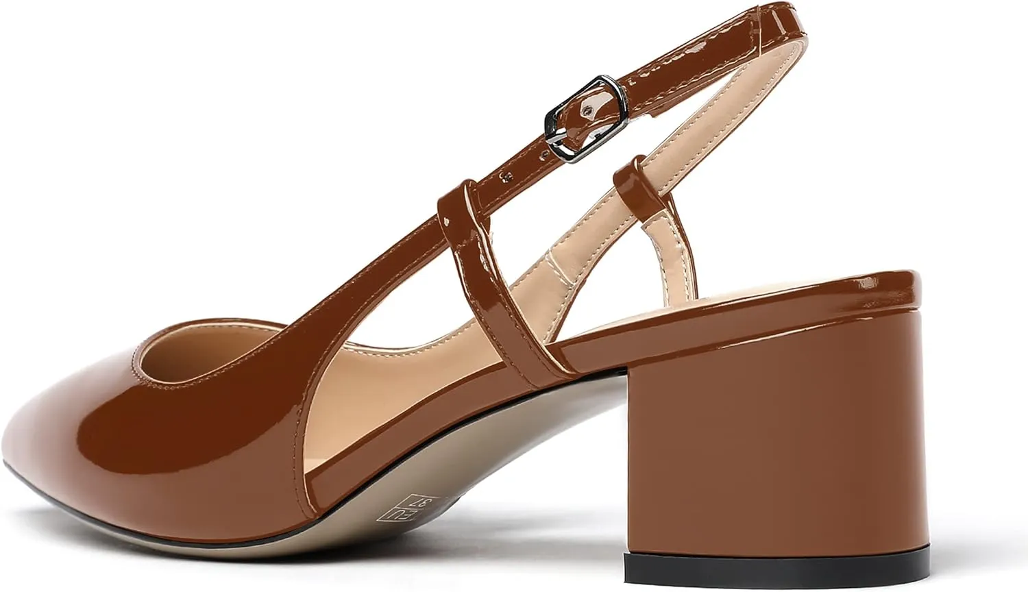 MODENCOCO Women's Cut Out Patent Ankle Strap Pointed Toe Slingback Chunky Low Heel Pumps Office Dress Shoes 2 Inch
