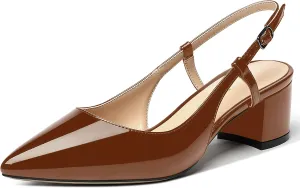 MODENCOCO Women's Cut Out Patent Ankle Strap Pointed Toe Slingback Chunky Low Heel Pumps Office Dress Shoes 2 Inch