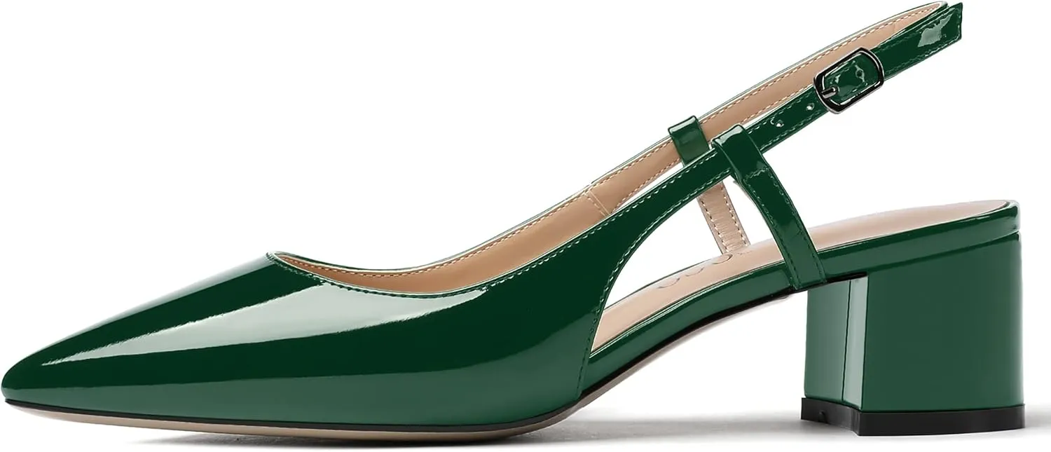MODENCOCO Women's Cut Out Patent Ankle Strap Pointed Toe Slingback Chunky Low Heel Pumps Office Dress Shoes 2 Inch