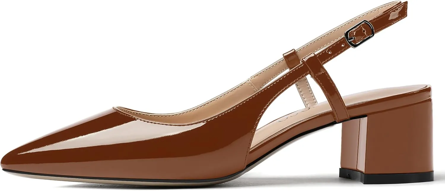 MODENCOCO Women's Cut Out Patent Ankle Strap Pointed Toe Slingback Chunky Low Heel Pumps Office Dress Shoes 2 Inch