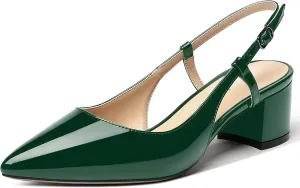 MODENCOCO Women's Cut Out Patent Ankle Strap Pointed Toe Slingback Chunky Low Heel Pumps Office Dress Shoes 2 Inch