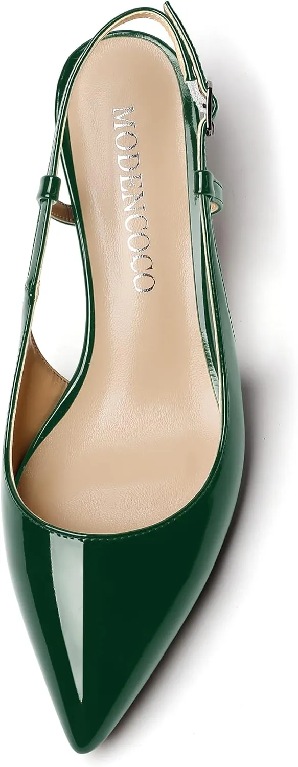 MODENCOCO Women's Cut Out Patent Ankle Strap Pointed Toe Slingback Chunky Low Heel Pumps Office Dress Shoes 2 Inch