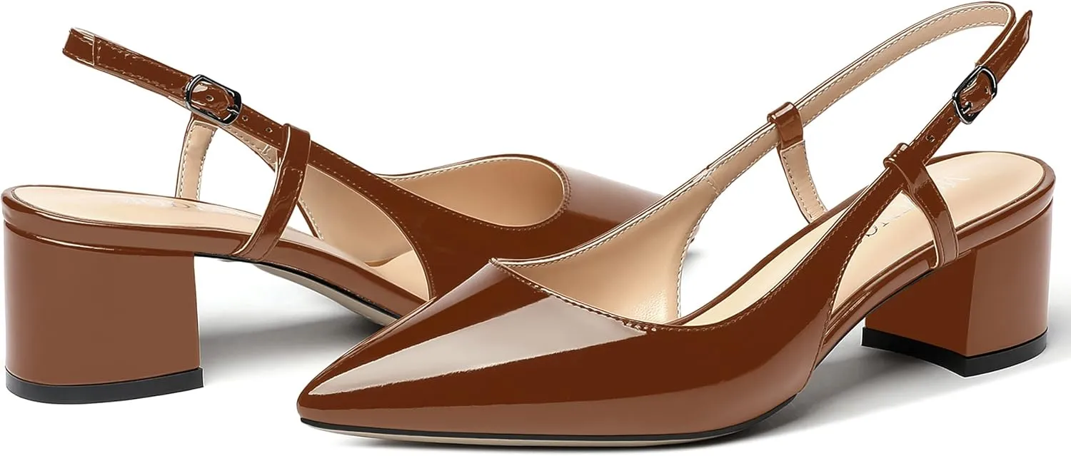 MODENCOCO Women's Cut Out Patent Ankle Strap Pointed Toe Slingback Chunky Low Heel Pumps Office Dress Shoes 2 Inch