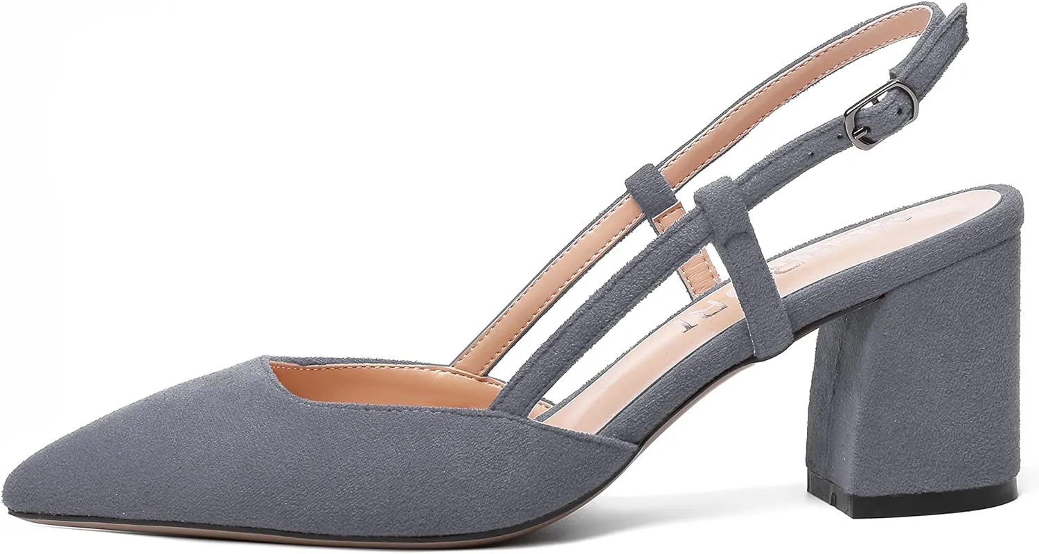 MODENCOCO Womens Pointed Toe Party Fashion Slingback Buckle Elegant Suede Chunky Mid Heel Pumps Dress Shoes 2.5 Inch