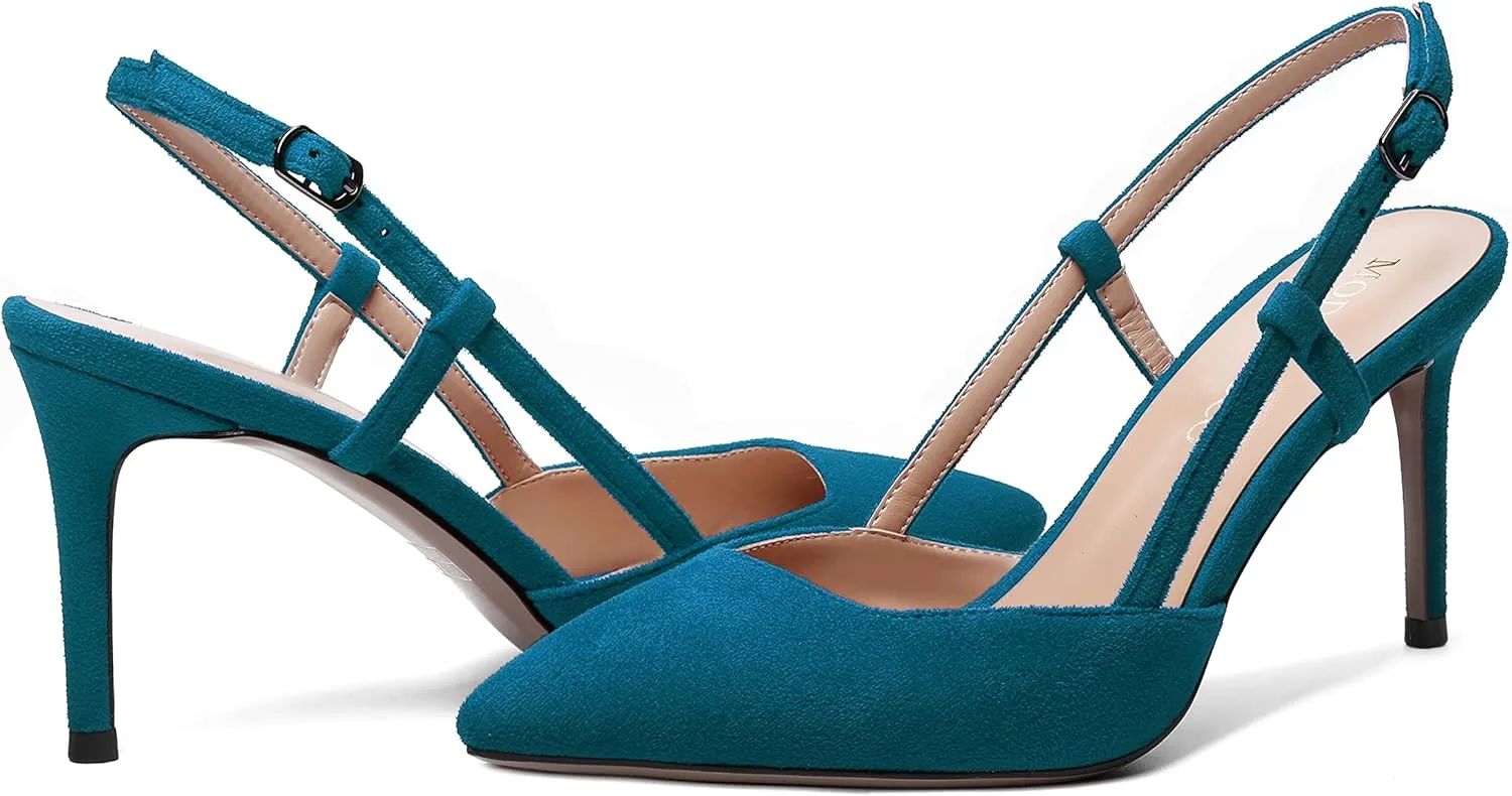 MODENCOCO Womens Pointed Toe Party Slingback Elegant Suede Sexy Buckle Stiletto High Heel Pumps Dress Shoes 3.5 Inch