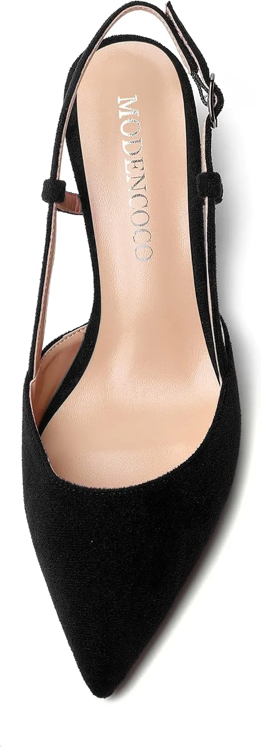 MODENCOCO Womens Pointed Toe Slingback Fashion Wedding Suede Elegant Buckle Kitten Low Heel Pumps Dress Shoes 2 Inch
