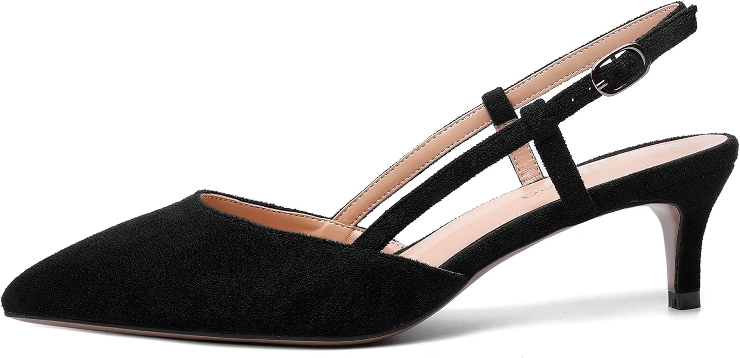 MODENCOCO Womens Pointed Toe Slingback Fashion Wedding Suede Elegant Buckle Kitten Low Heel Pumps Dress Shoes 2 Inch