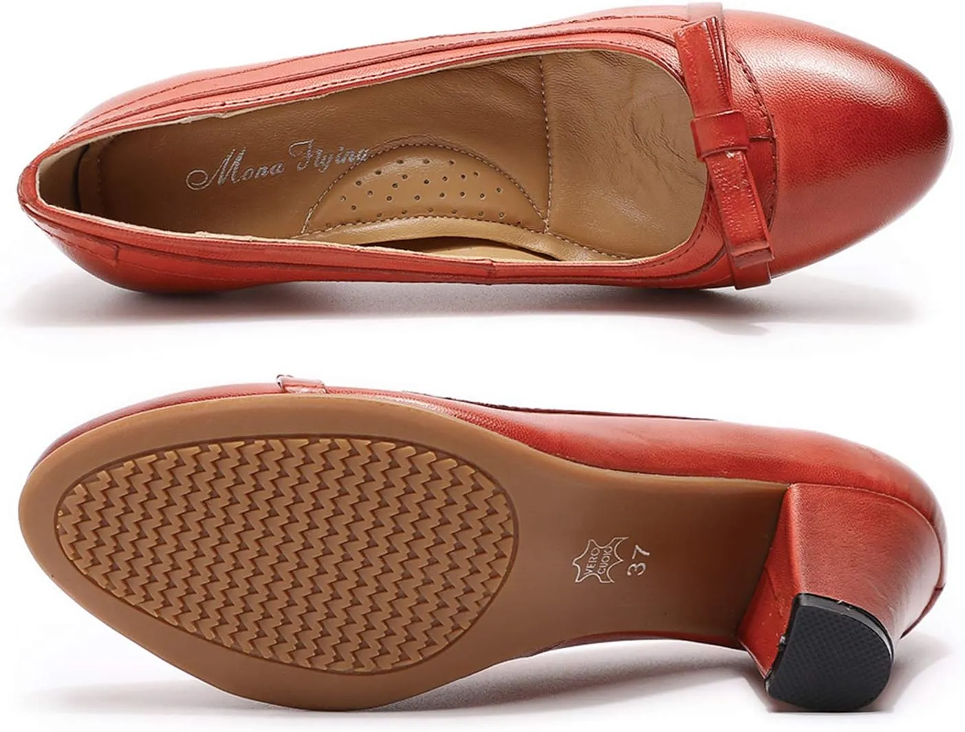 Mona flying Leather Mid Chunky Pumps Elegant Women Slip On Classic Comfortable Elegant Handmade Work Shoes