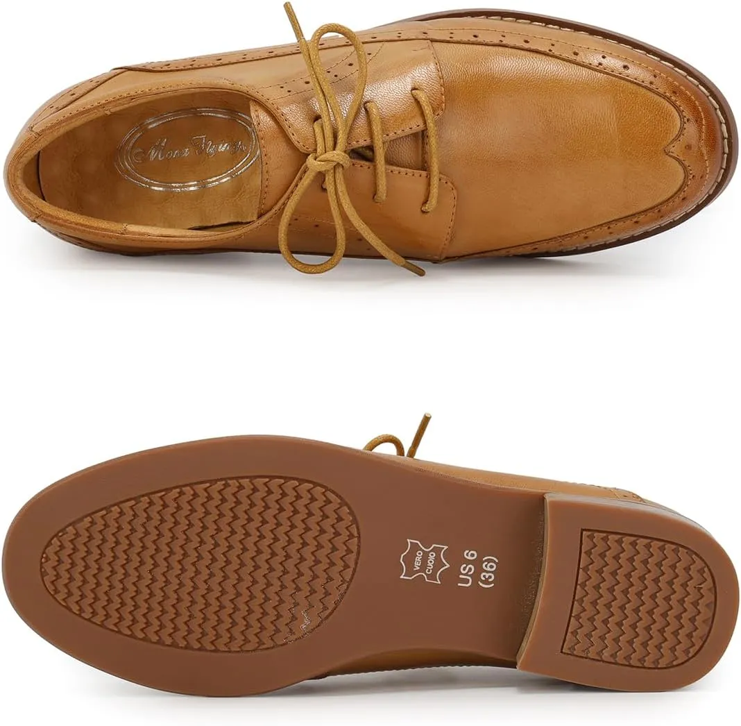 Mona flying Women's Classic Leather Derby Oxfords Round Toe Lace up Flat Office Work Shoes for Ladies