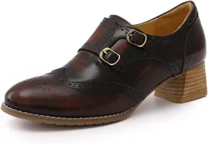 Mona flying Womens Leather Chunky Heel Monk Strap Oxfords Wingtip Ladies Mid Heel Dress Loafers Pumps Shoes with Buckle