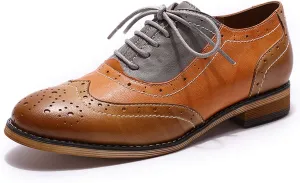 Mona flying Womens Leather Flat Oxfords Shoes for Women Perforated Lace-up Wingtip Vintage Brogues Shoes