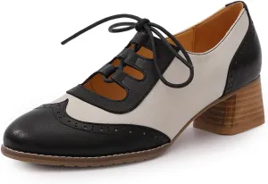 Mona flying Women's Wingtip Oxfords Chunky Heel Lace up Dress Pumps Perforated Round Toe 4cm Mid Heel Leather Shoes for Ladies