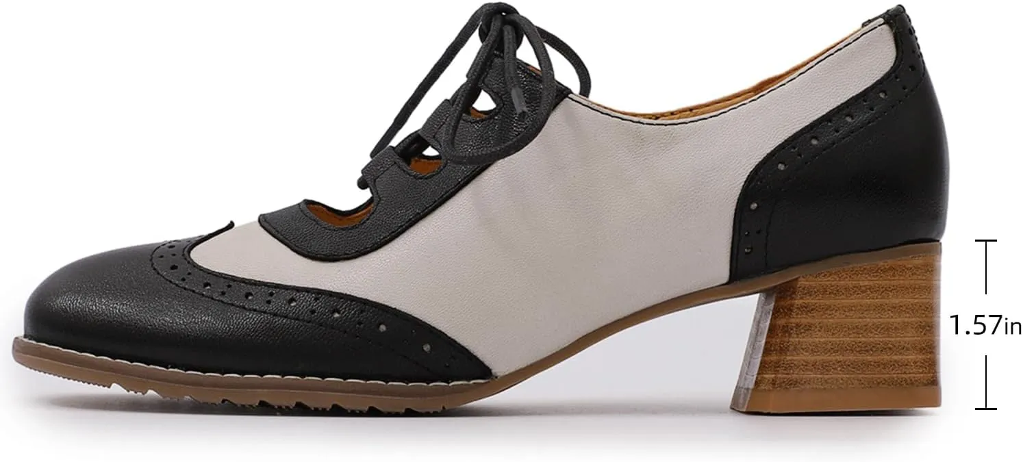 Mona flying Women's Wingtip Oxfords Chunky Heel Lace up Dress Pumps Perforated Round Toe 4cm Mid Heel Leather Shoes for Ladies