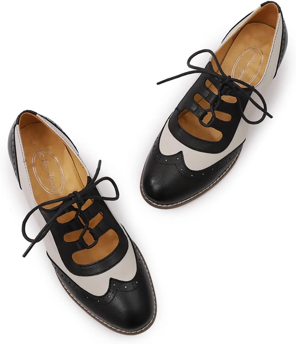 Mona flying Women's Wingtip Oxfords Chunky Heel Lace up Dress Pumps Perforated Round Toe 4cm Mid Heel Leather Shoes for Ladies