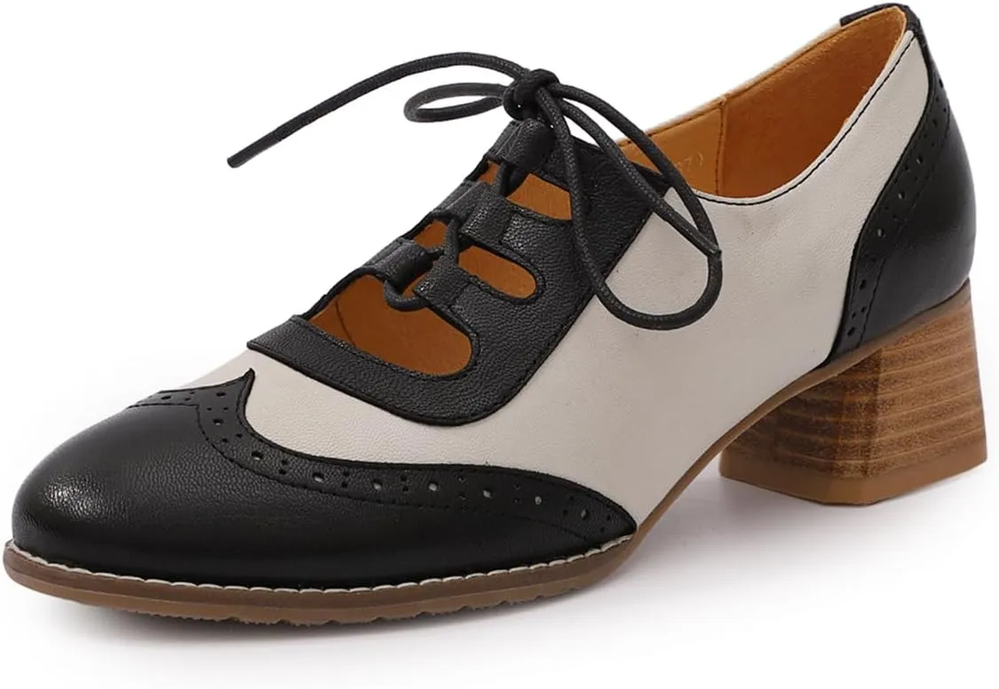 Mona flying Women's Wingtip Oxfords Chunky Heel Lace up Dress Pumps Perforated Round Toe 4cm Mid Heel Leather Shoes for Ladies